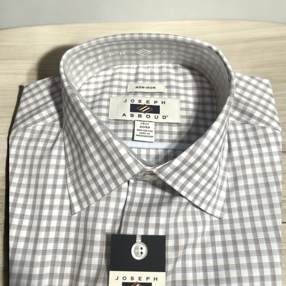 Joseph Abboud Modern Fit Dress Shirt 15.5 32/33 or 16 32/33| Brown & White Check - Picture 2 of 5